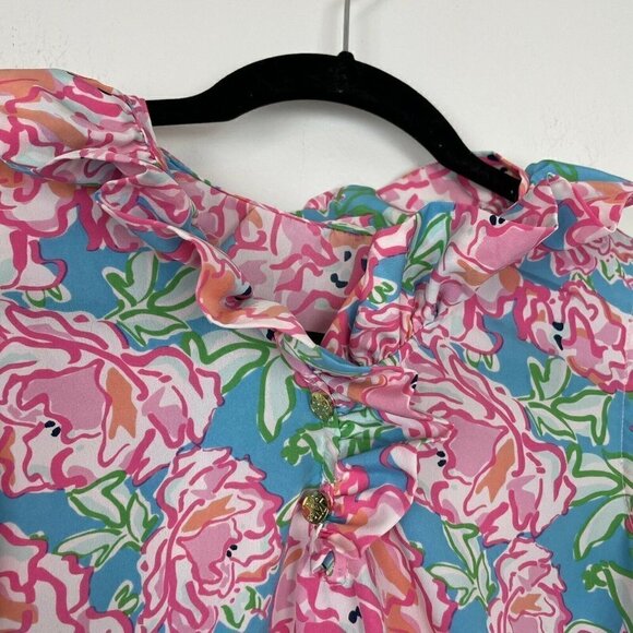 Mud Pie Shift Dress Pink Blue Floral Ruffled Neck Girls Size Small - Picture 4 of 5